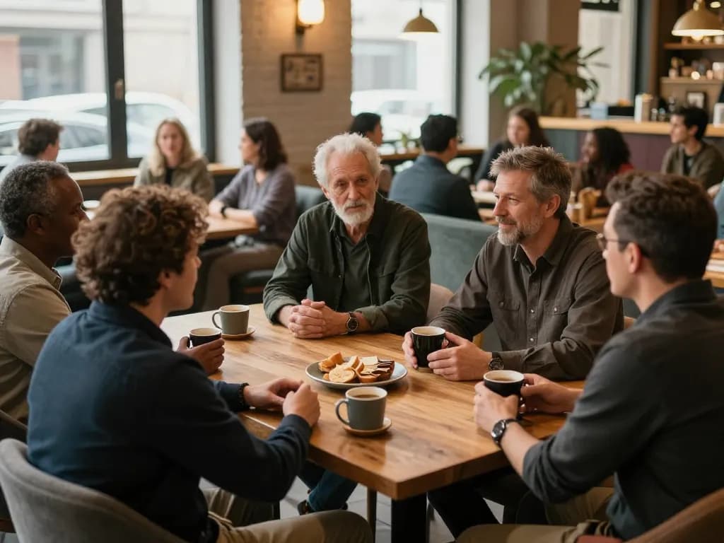 Men gathering at manclub for supportive discussions on life challenges