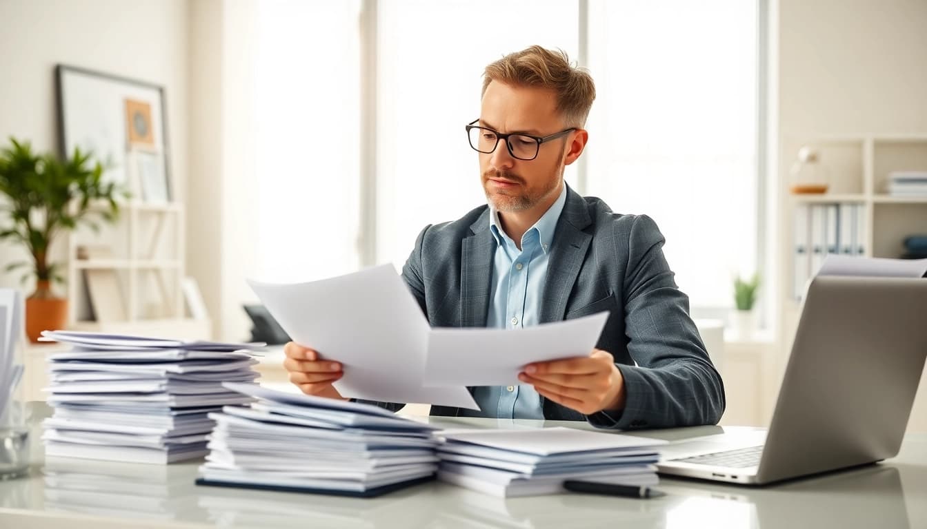 Enhance pre-post award compliance by legal consultant reviewing critical documents in a bright office.
