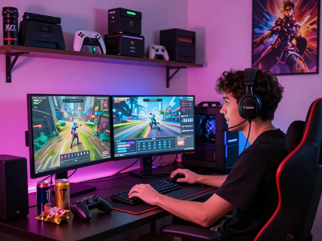 Engaging gaming setup showcasing bomwin gameplay with vibrant LED lights and snacks.