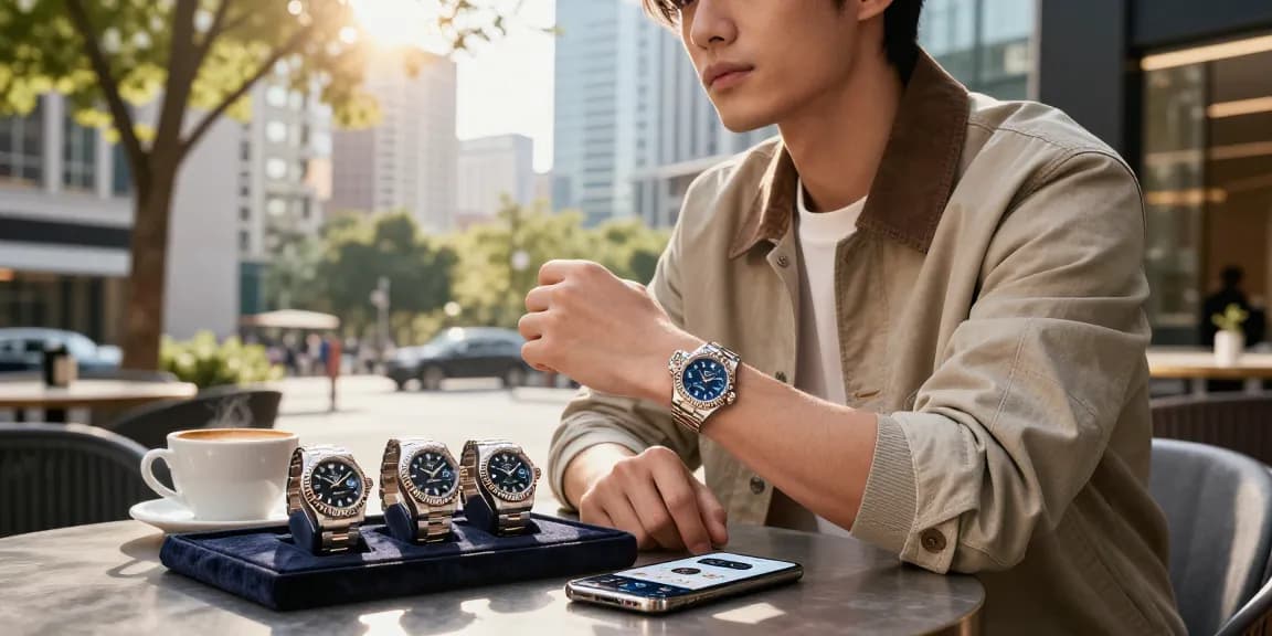 Captivating lifestyle moment featuring rolex super clone watches elegantly displayed in an urban café setting.