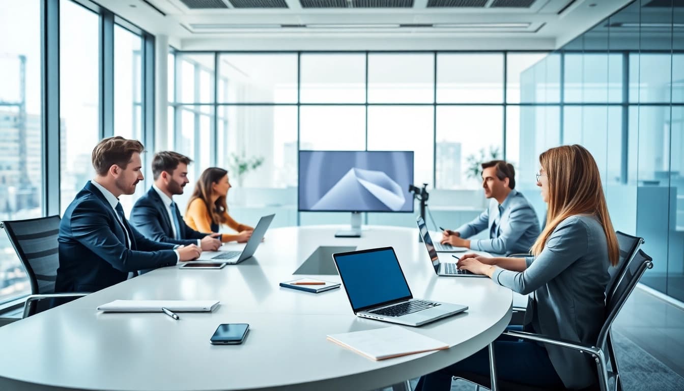 Engaging team collaboration on a cloud based business phone system in a modern office.