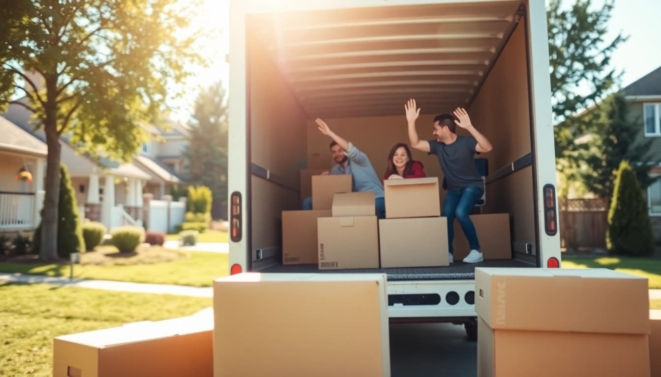 Trustworthy long distance movers Calgary assisting a family during their move in a bright suburban setting.