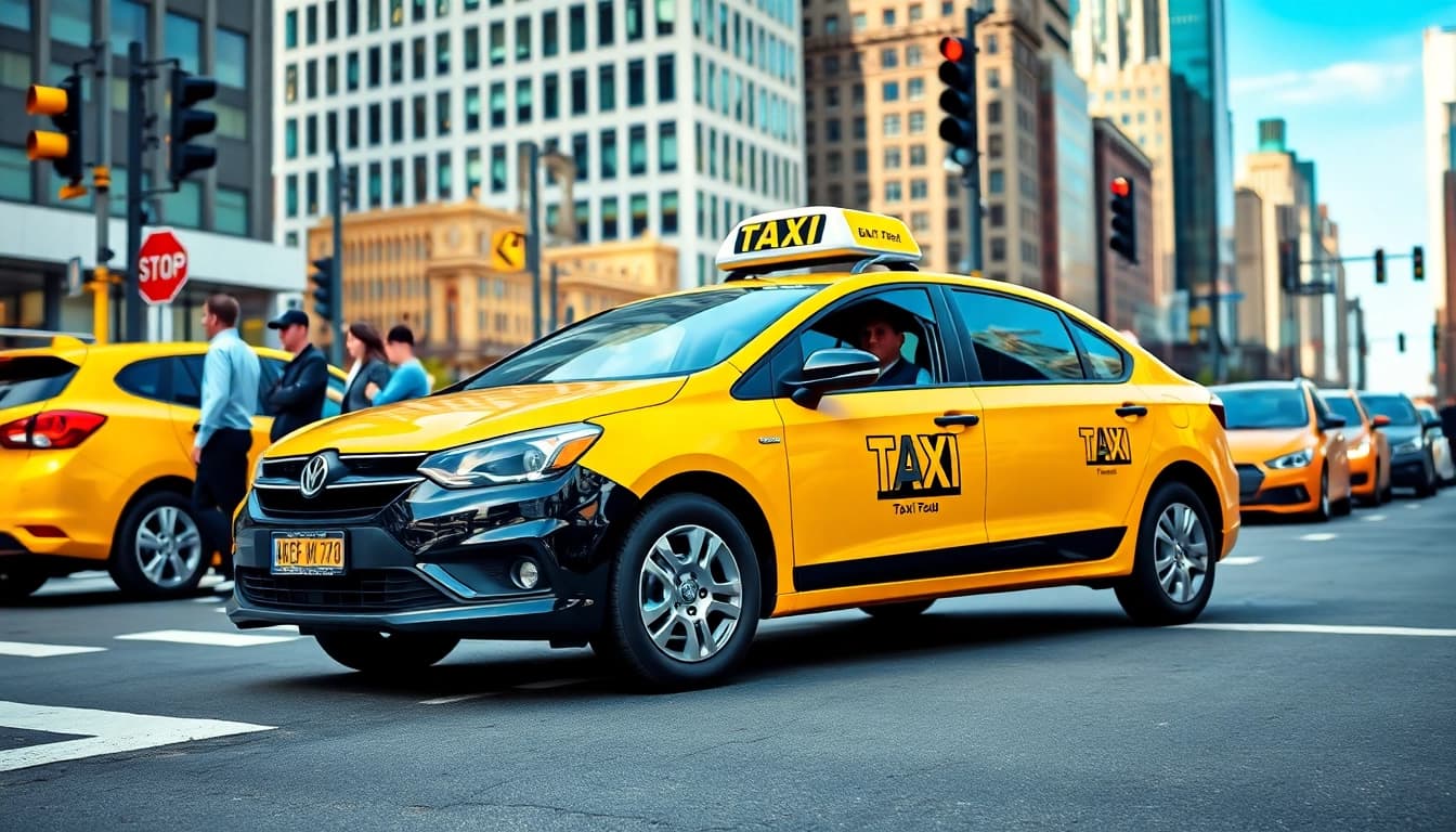 Taxi cab navigating a busy urban street with diverse passengers entering and exiting.
