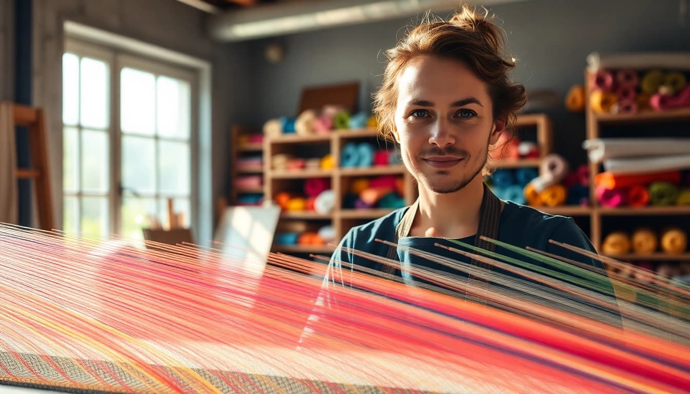 Creëer kunstwerken met viscose draden in een sfeervolle studio met kleurrijke stoffen.