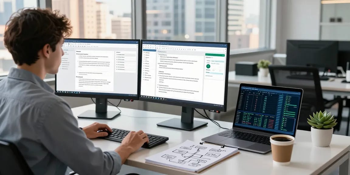 Analyzing document fraud detection reports in a modern office workspace.
