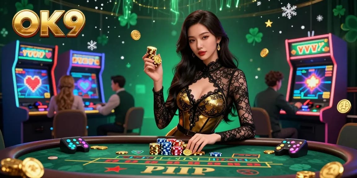 Engage in high-stakes gaming at OK9 with a glamorous setting and golden casino chips.