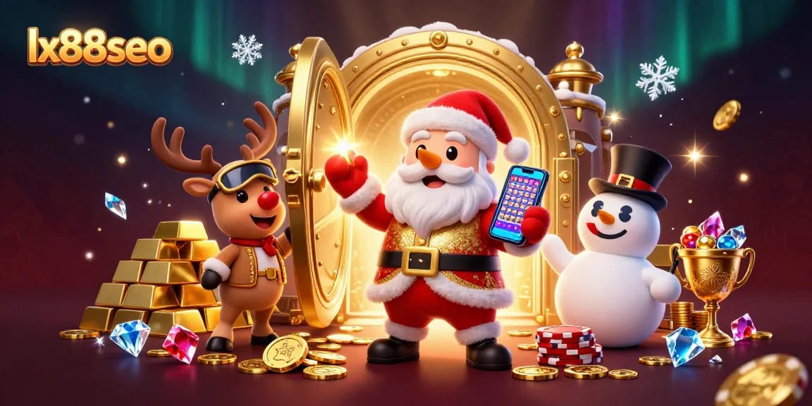 Experience thrilling gaming with lx88seo as Santa and friends celebrate jackpots in a vibrant casino.