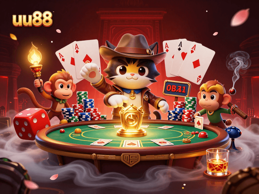 uu88 cat explorer discovers golden casino artifacts amidst poker chips and cards.