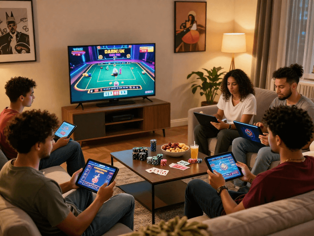 Engaging scene of diverse players enjoying non UK casinos from home at https://cybermentors.org.uk, highlighting their gaming experiences.