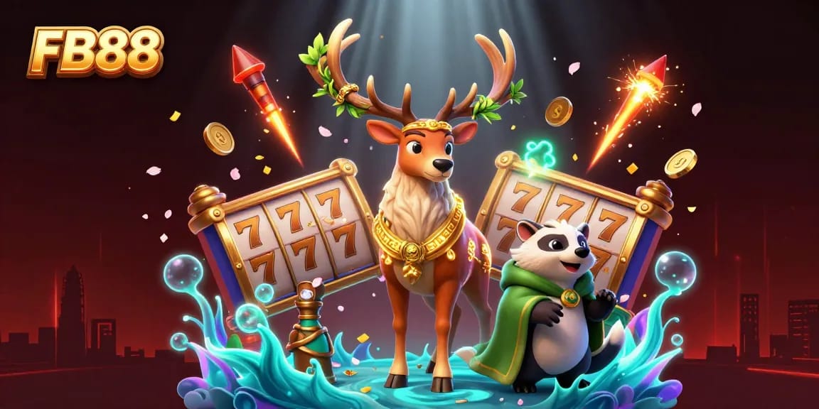 Experience the thrilling world of FB88 showcasing vibrant 3D characters and dynamic casino elements.