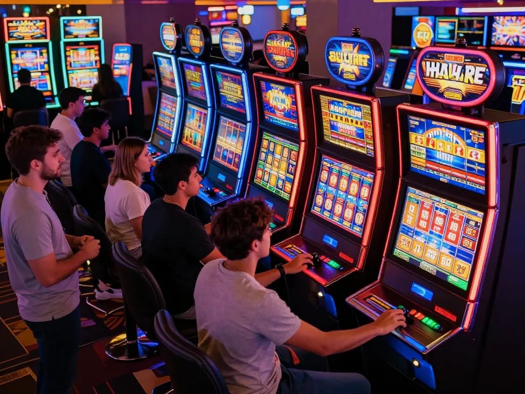OLYMPUS88 players enjoying vibrant mega slot games in a modern casino with excitement.