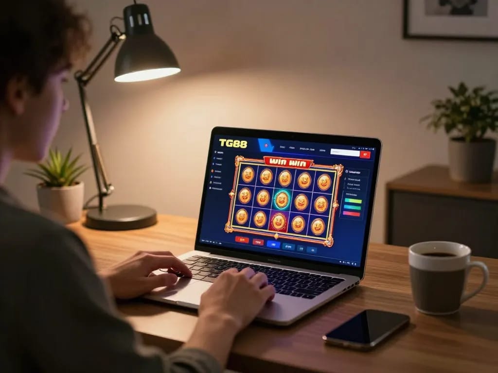 Experience TG88 win with online casino gameplay in a cozy home office setup.
