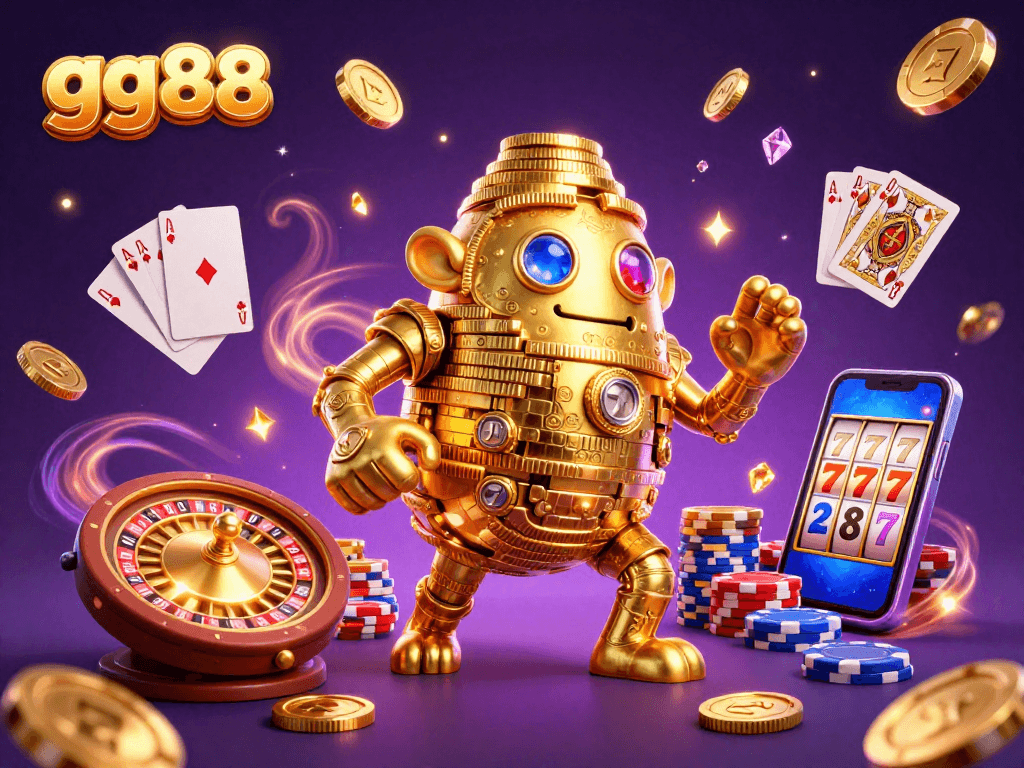 Spin to win with gg88's stunning casino rewards illustration showing gold golems and casino elements.