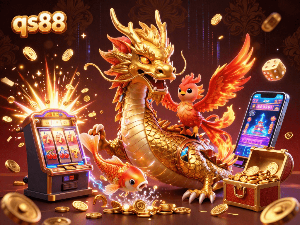 Experience thrilling qs88 gameplay featuring a fierce dragon, phoenix, and koi fish amidst exploding jackpots.