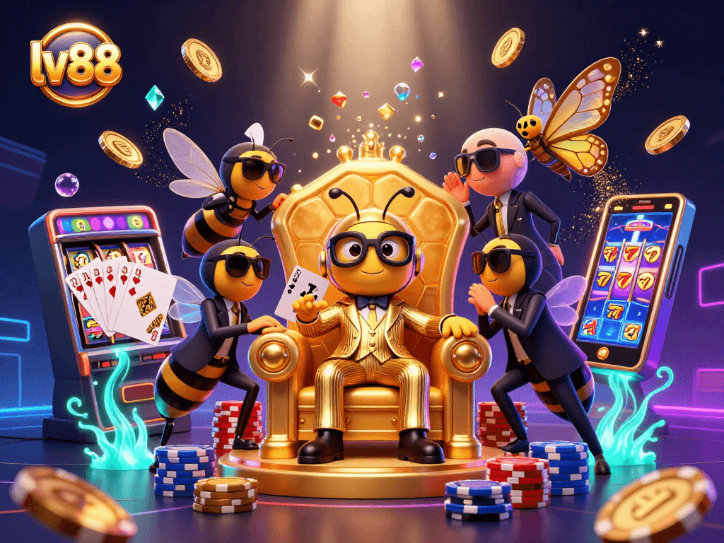 Spin the reels at lv88, where a buzzing bumblebee mob boss oversees a dynamic casino scene filled with winning possibilities.