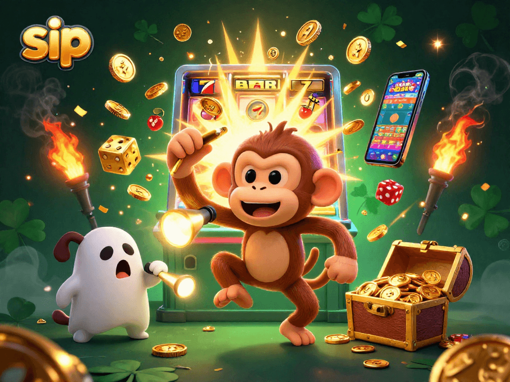 sip your way to excitement with a poltergeist monkey juggling casino treasures in a haunted setting