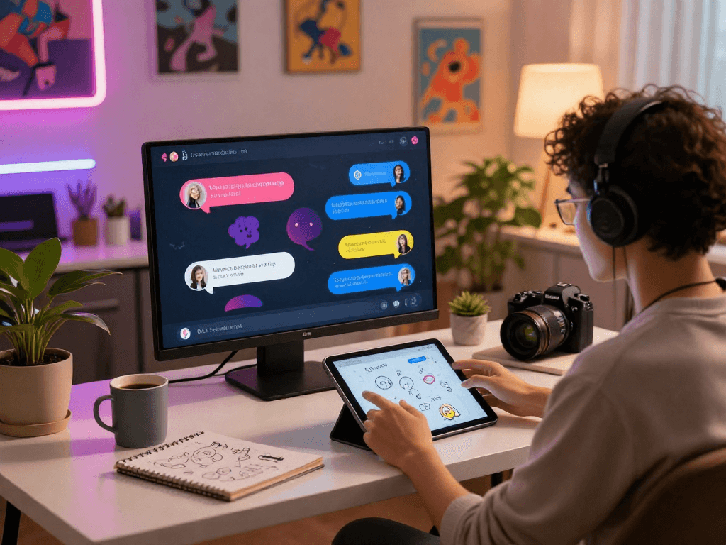Engaging in a porn ai chat on a modern digital platform in a cozy workspace.