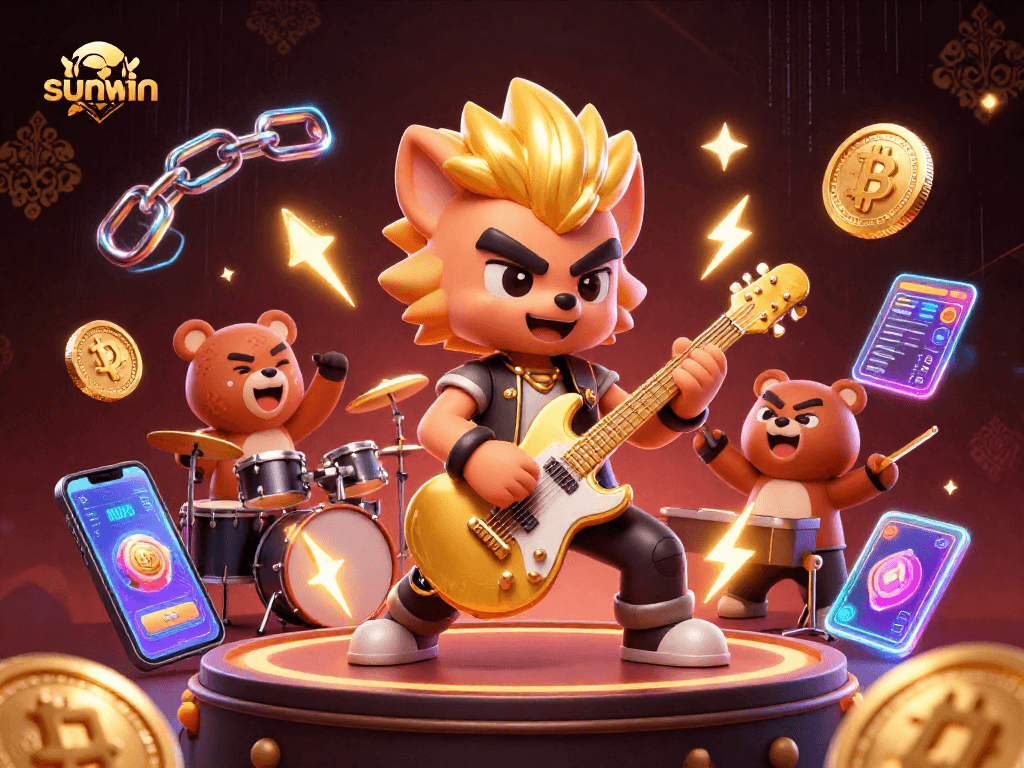 Experience the excitement of sunwin with dynamic 3D casino characters in action-packed illustration.