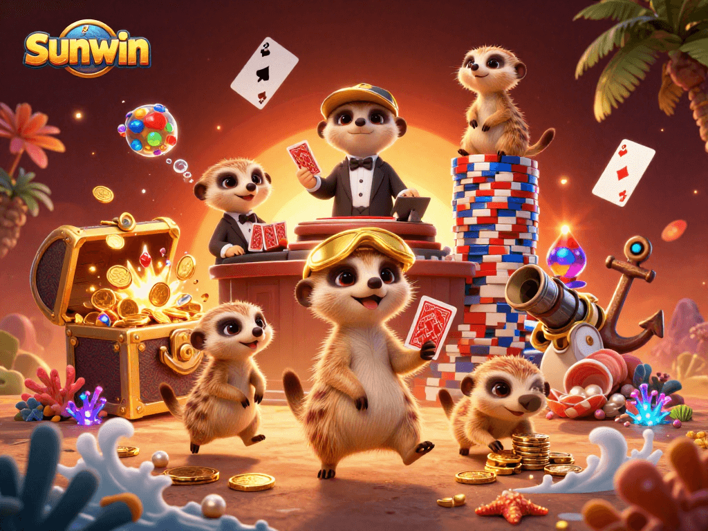 Experience sunwin's vibrant meerkat casino scene with dynamic card dealers and treasures.