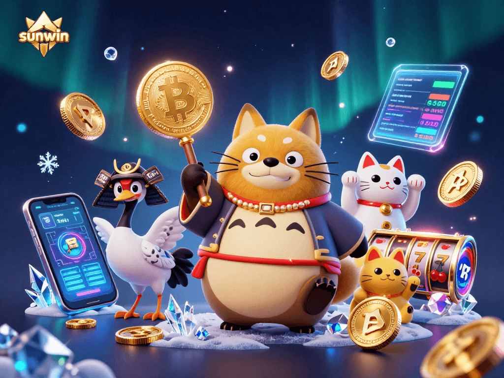 Experience vibrant slots action with sunwin's cheerful tanuki and lucky symbols in a dynamic illustration.