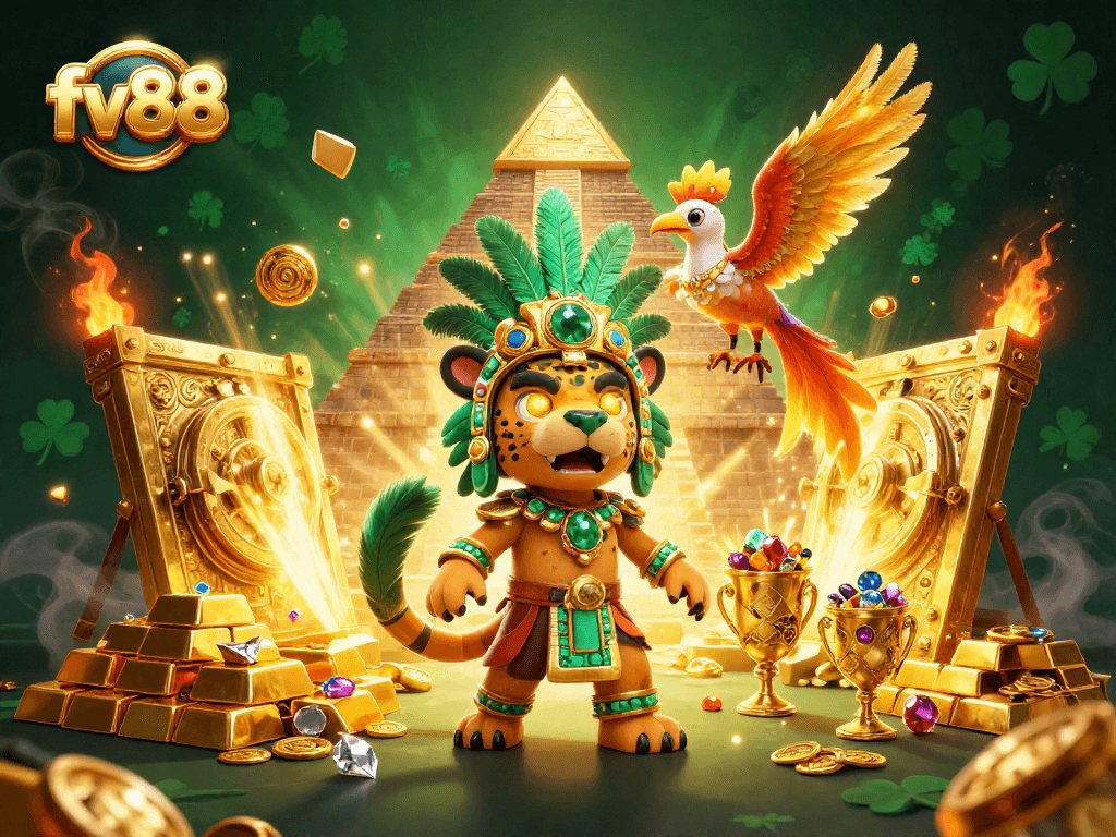 Experience thrilling gameplay at FV88 with a Mayan priest and golden treasures sparkling around.