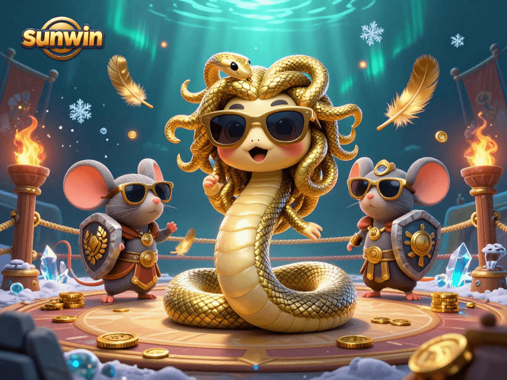 Experience thrilling games at sunwin with a vibrant 3D casino scene featuring Medusa and warrior mouse.