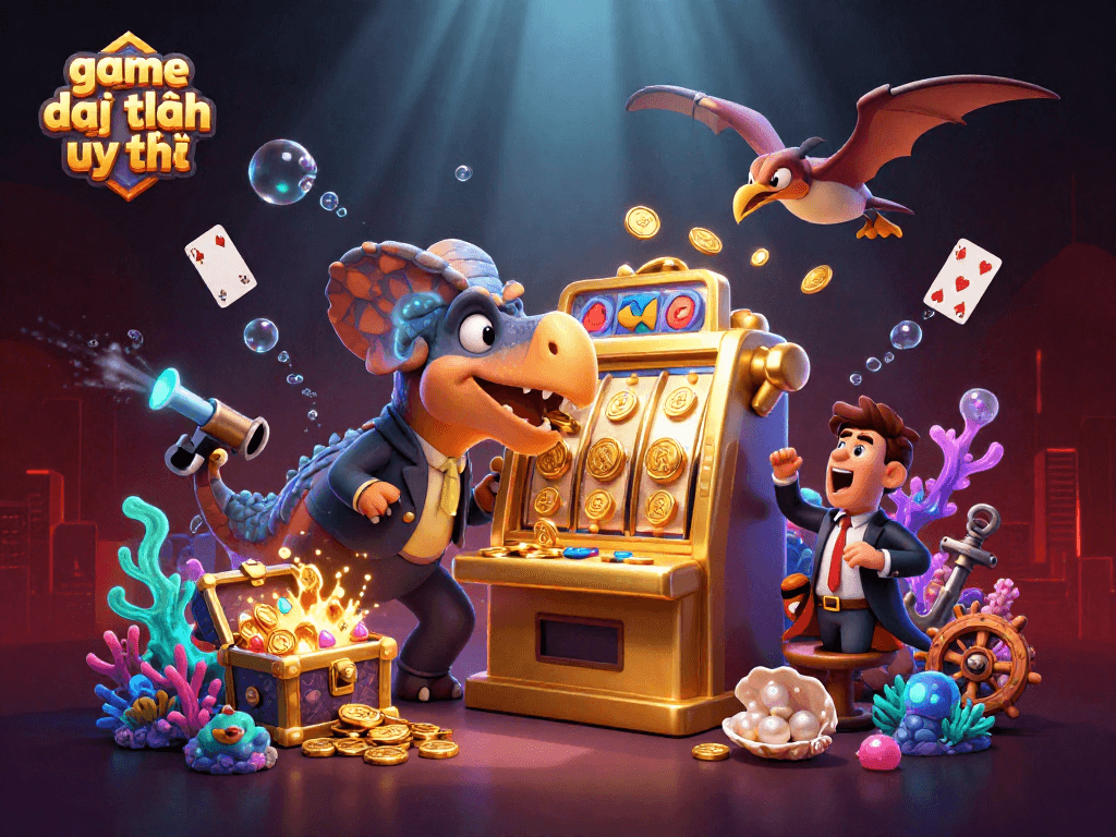 Experience thrilling wins with game đổi thưởng uy tín as a dinosaur headbutts a slot machine and treasures fly