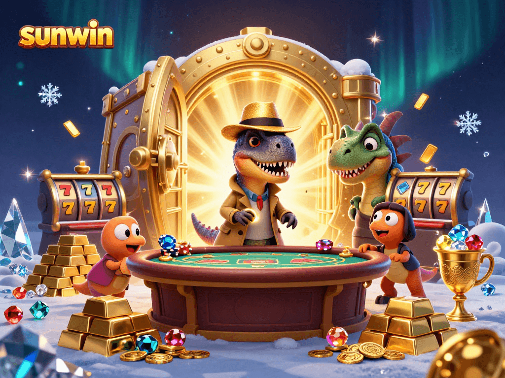 Experience thrilling gameplay with sunwin as a velociraptor counters cards at a vibrant casino scene.