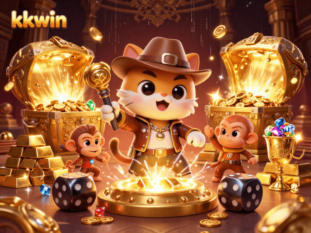 Engage with kkwin's exciting gaming universe in this vibrant 3D scene full of treasures.