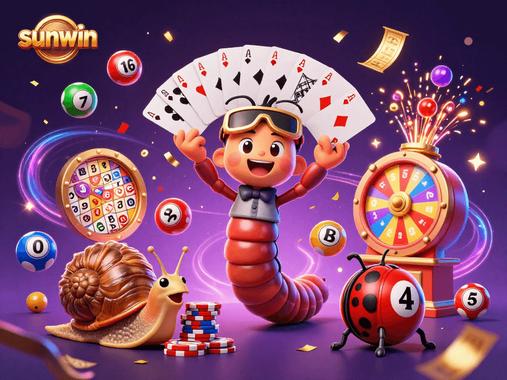 The sunwin casino features a lively scene with a cartoon millipede dealer expertly showcasing a colorful array of lottery themes.