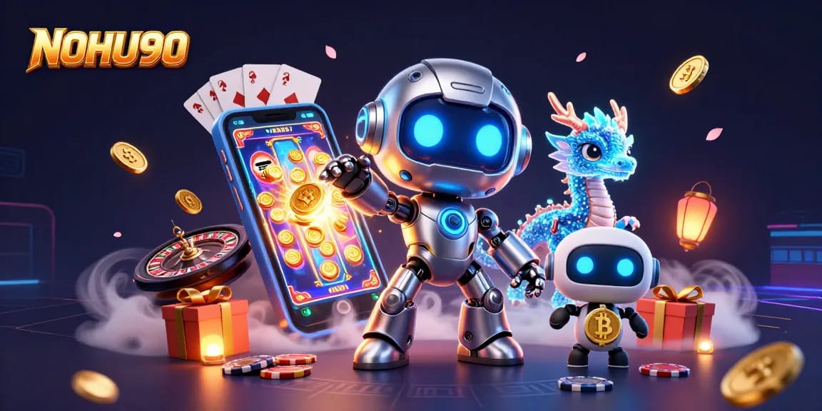 NOHU90 offers thrilling gameplay with cartoon robot mascot, bitcoin dragon, and vibrant casino elements.