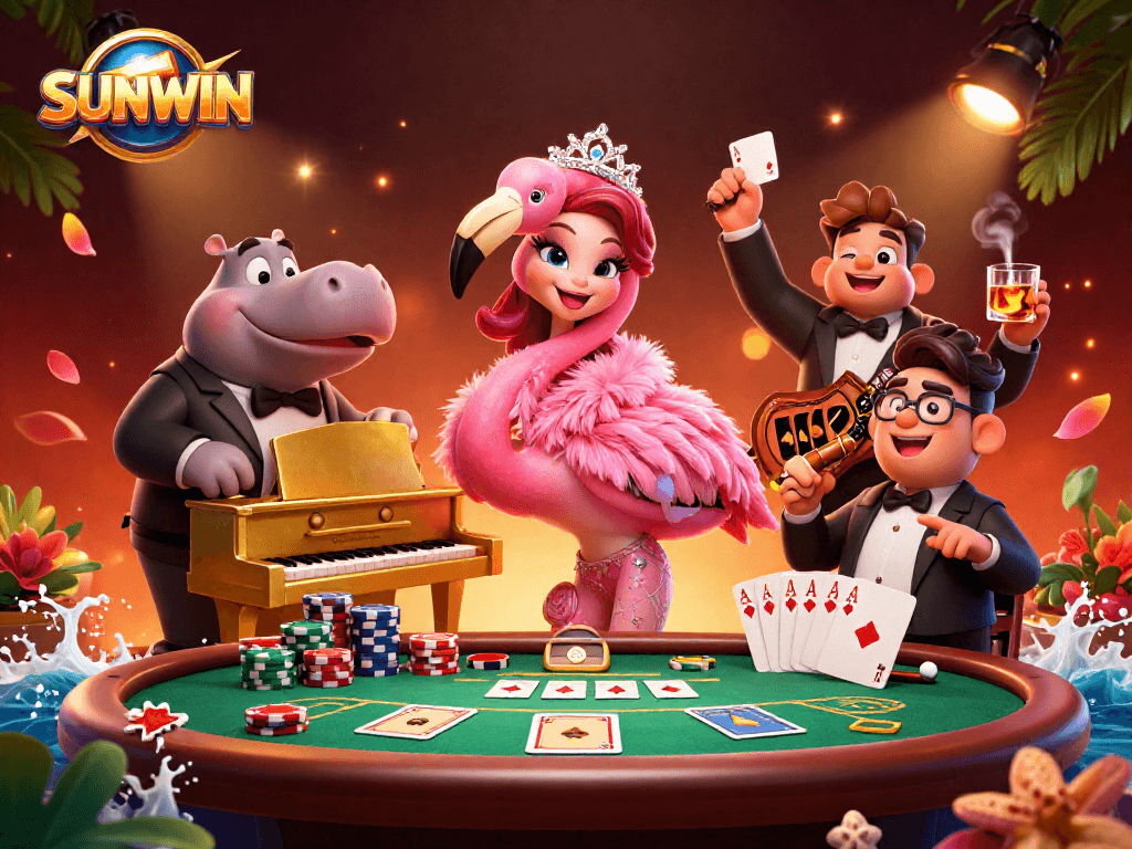 SUNWIN players enjoy a vibrant 3D cartoon casino atmosphere with musicians, poker elements and exciting game vibes.