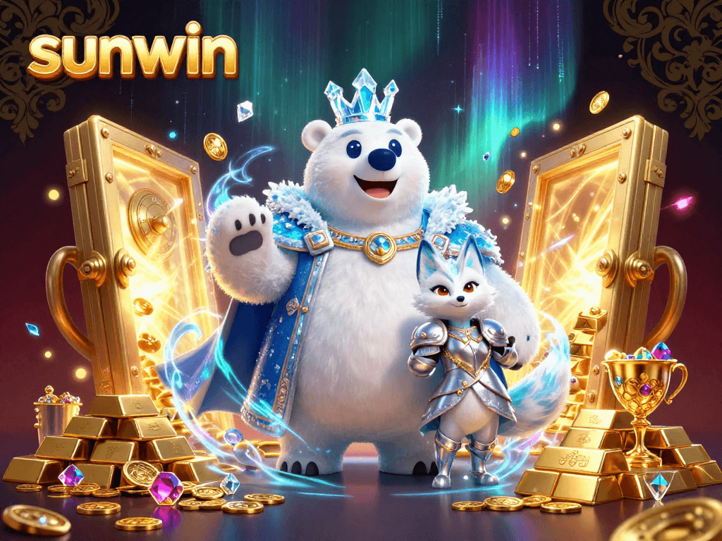 Experience the thrill of winning with sunwin in this vibrant 3D casino scene featuring a regal polar bear and a snow fox.