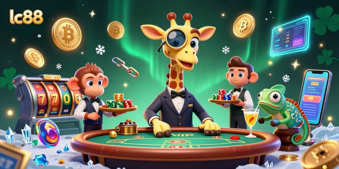 Experience thrilling gaming at lc88 with vibrant characters enjoying poker and crypto elements