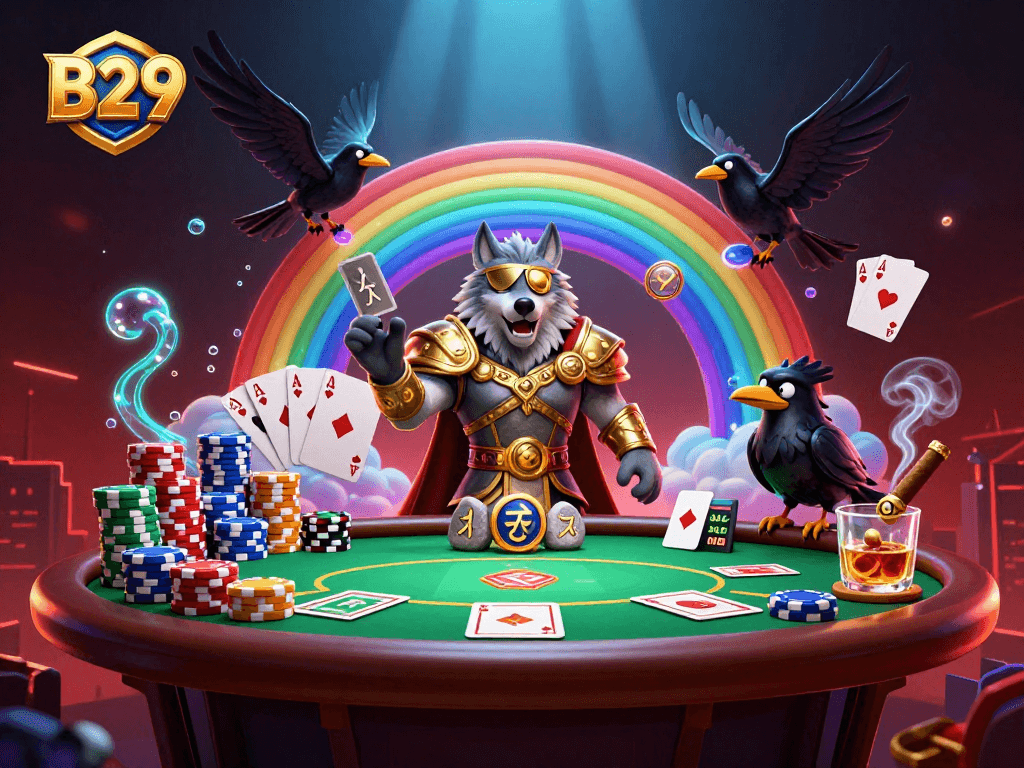 B29 players enjoying the excitement of poker with mythical themes and vibrant casino elements.