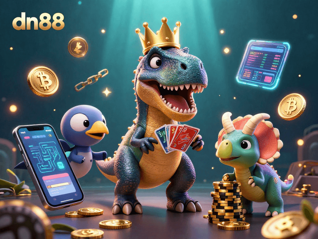 Engage with the vibrant world of dn88 casino featuring playful dinosaur characters in a dynamic gambling scene.