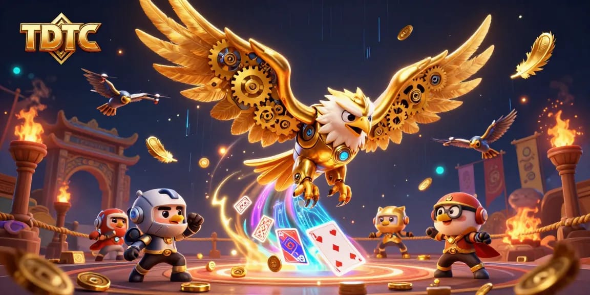 Engage in TDTC gaming as a cybernetic eagle dives through holographic cards amidst casino elements.