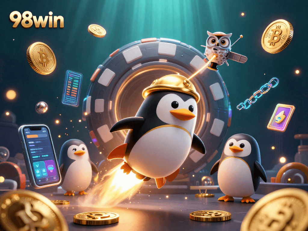 Experience the thrilling world of 98win with a golden penguin racing towards a vibrant casino