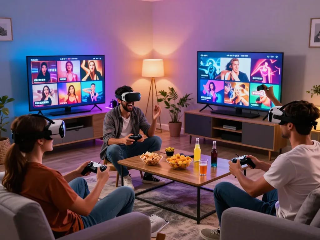 Friends enjoying immersive sex games in a lively home environment with vibrant lighting.