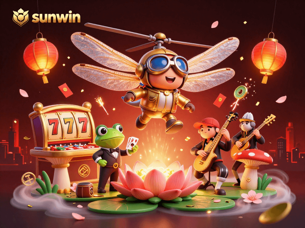 Experience winning thrills at sunwin with a vibrant 3D casino scene featuring a dragonfly pilot and more!
