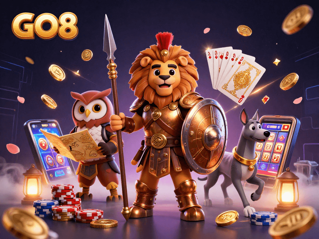 Experience thrilling adventures at GO8 with 3D gaming elements like golden coins and vibrant slot machines.