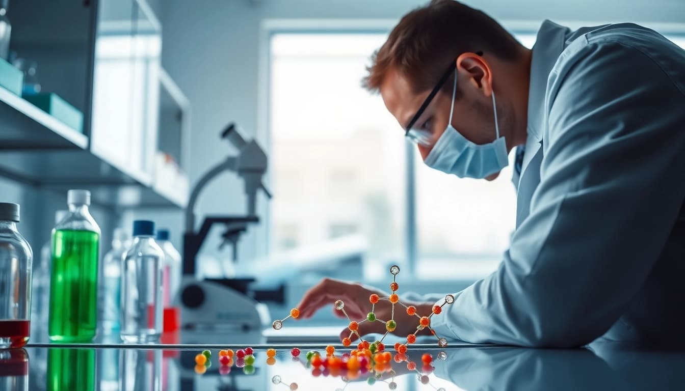 Investigating peptides under a microscope in a bright laboratory environment.
