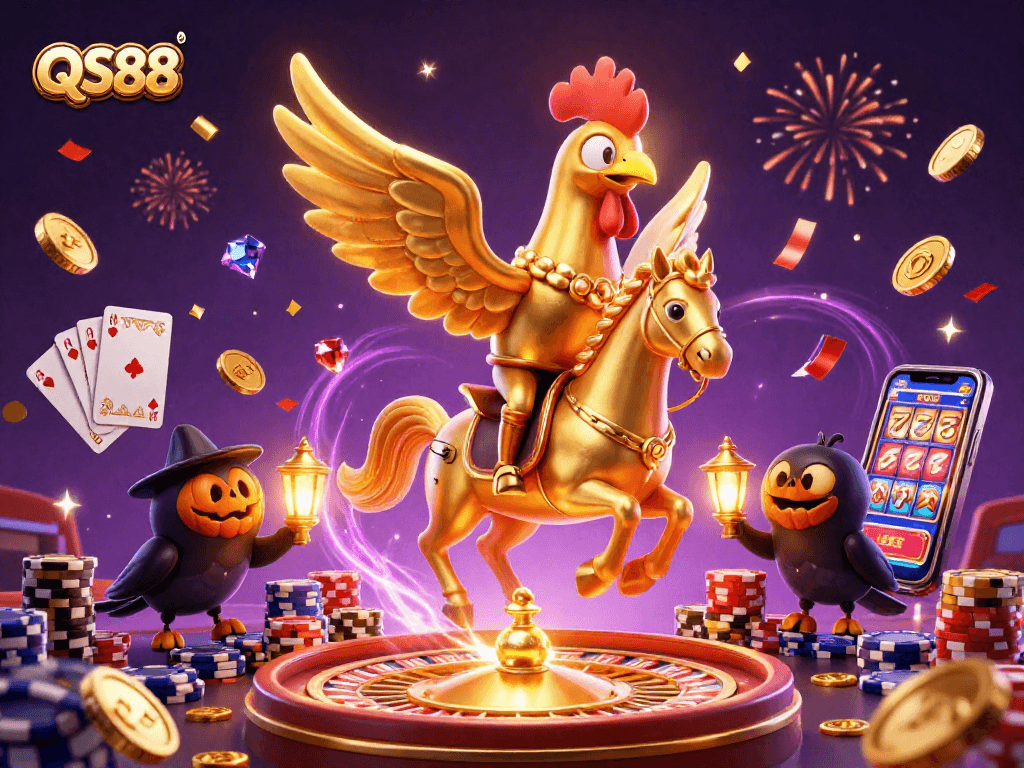 Experience exciting gameplay at QS88 with a vibrant casino scene featuring dazzling elements and thrilling characters.