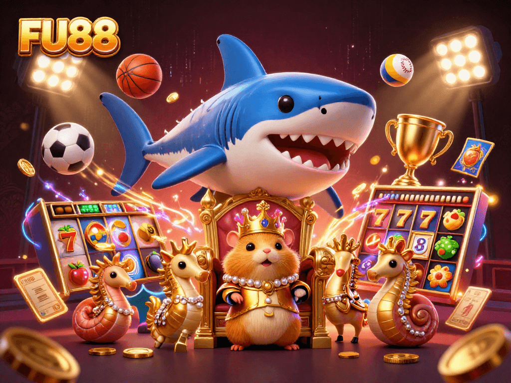 Experience the excitement at FU88 with a golden hamster king in a vibrant casino-themed scene.