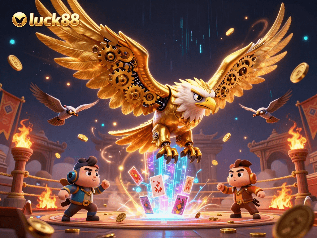 Experience thrilling gameplay at luck88 with a dazzling scene of a golden eagle amidst holographic cards and vibrant casino elements.