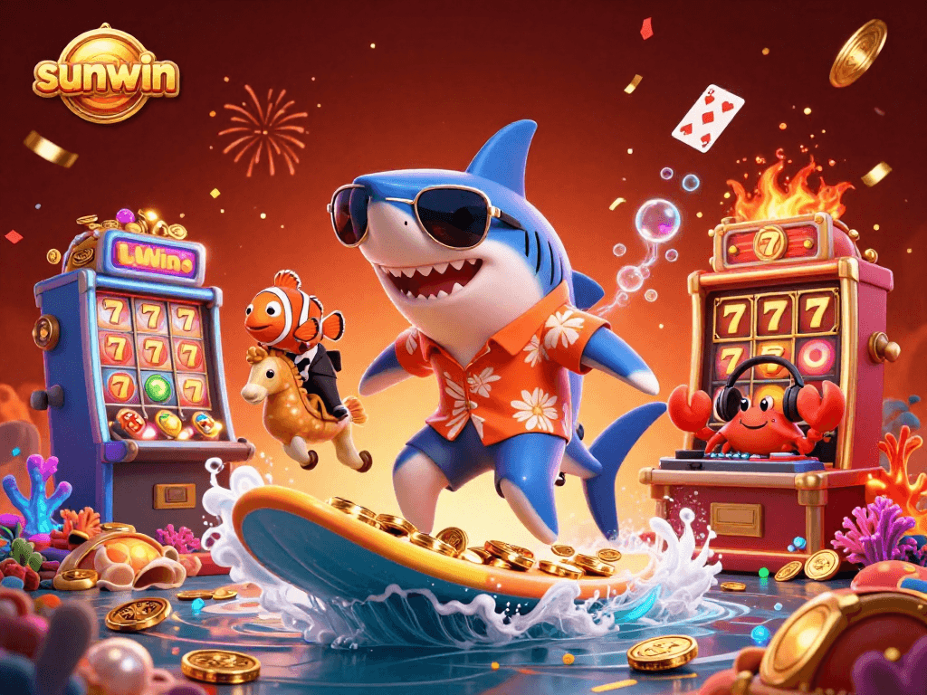 Experience the thrilling sunwin jackpot with an energetic underwater casino scene featuring a shark, clownfish, and crab.