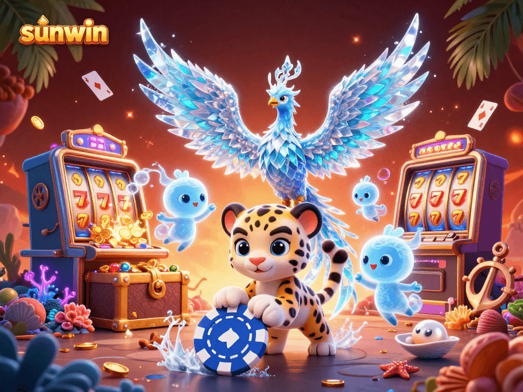 Engage with the enchanting scene of sunwin, featuring an ice phoenix and a snow leopard cub amidst vibrant casino elements.
