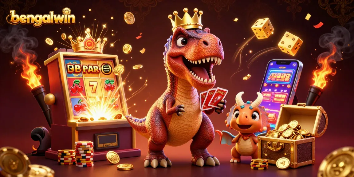 Bengalwin brings an exciting casino scene with a cheerful T-Rex card dealer and vibrant slot machine winnings.