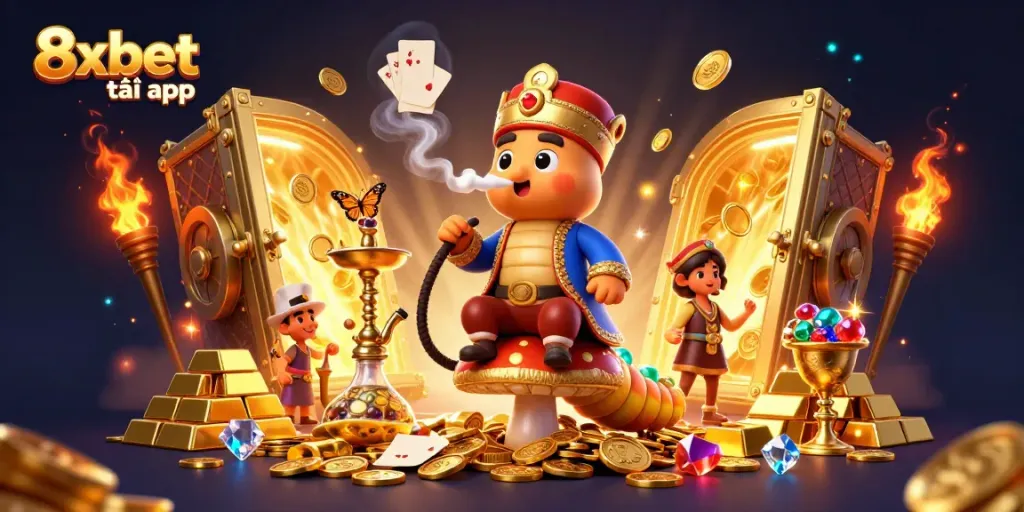 Engage with the 8xbet tải app through a vibrant 3D casino scene showcasing magical elements and characters.