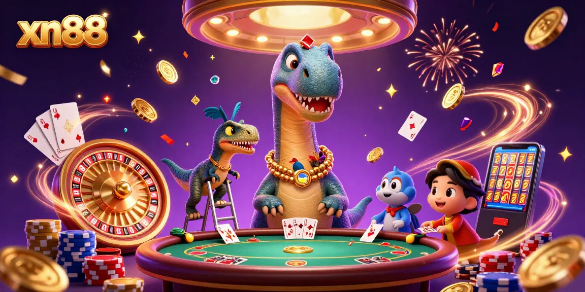 Join xn88 in a vibrant casino scene where a brontosaurus oversees a poker table with dynamic game elements.